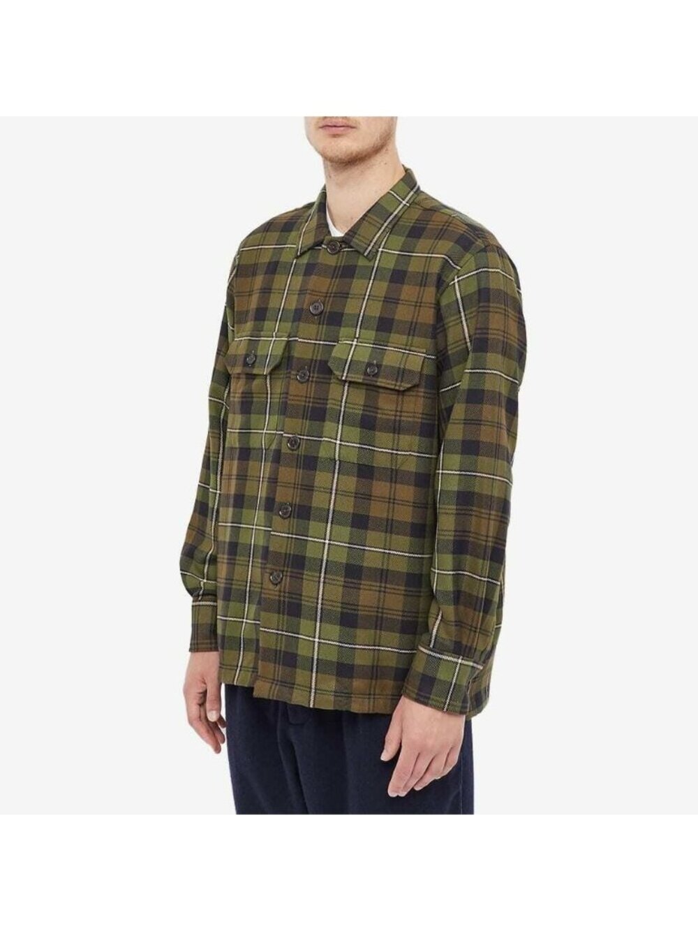Universal Works Moorland Check Utility Flannel Shirt in Olive Medium